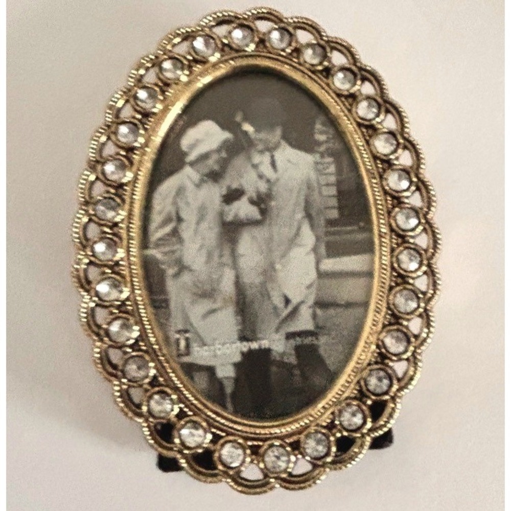 Vintage Oval Mini Gold Tone Photo Frame Tabletop Rhinestone Ornate Elegant